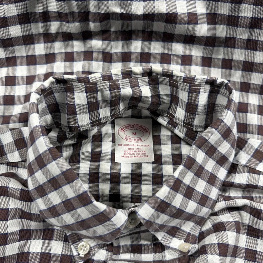 Brooks Brothers Brown Gingham Check Supima Cotton Chest Logo Button Shirt Size M